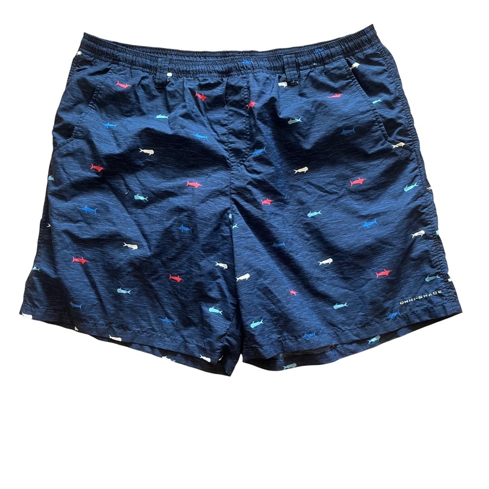 Columbia PFG Mens XL Fishing Shorts Navy Blue Fish Print Omni-Shade Marlin Mahi